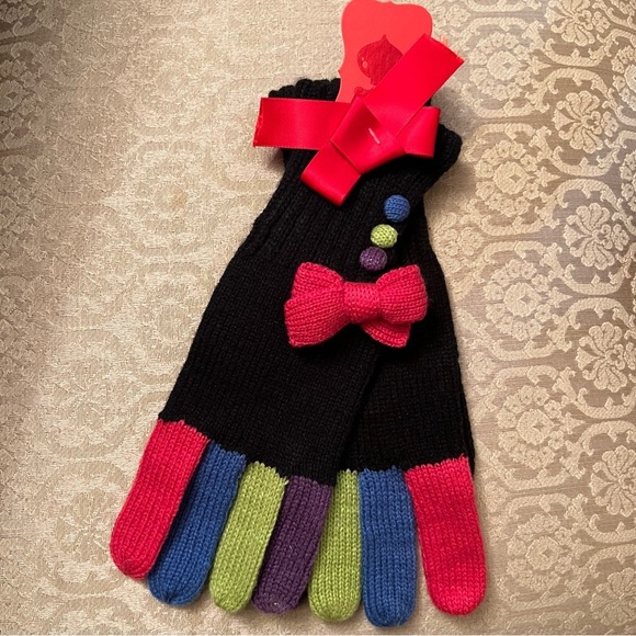 Gloves black with colorful fingers & buttons pink bow NWT - Picture 2 of 3